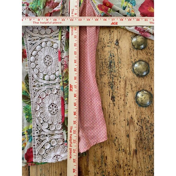 Meadow Rue Floral Crochet Blouse XS Boho Pink Green Sheer 3/4 Sleeve Top - Picture 5 of 5